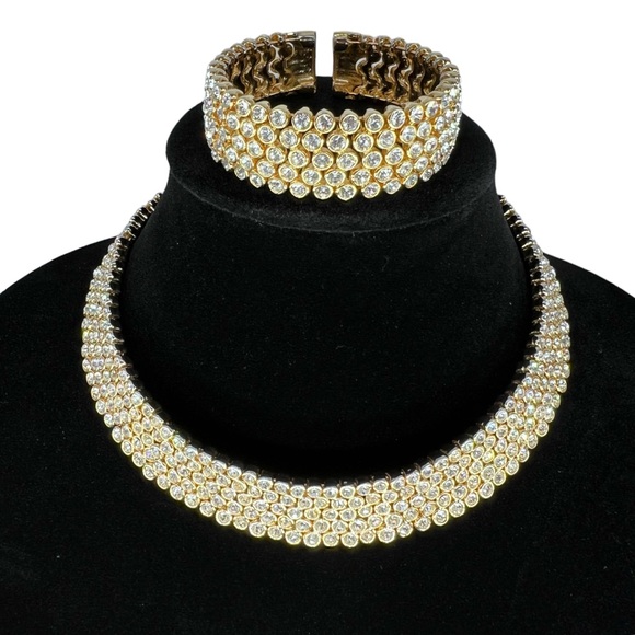 Gold Tone Rhinestone Collar Choker Cuff Necklace and Matching Cuff Bracelet - Picture 1 of 6